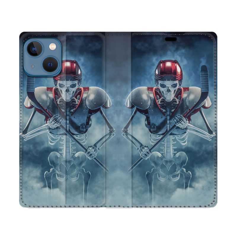 Housse Cuir Portefeuille Pour Iphone 14 (6.1) Sport Hockey Squelette