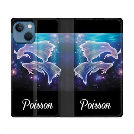 Housse Cuir Portefeuille Pour Iphone 14 (6.1) Signe Zodiaque 2 Poisson