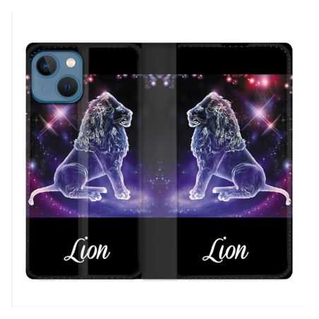Housse Cuir Portefeuille Pour Iphone 14 (6.1) Signe Zodiaque 2 Lion