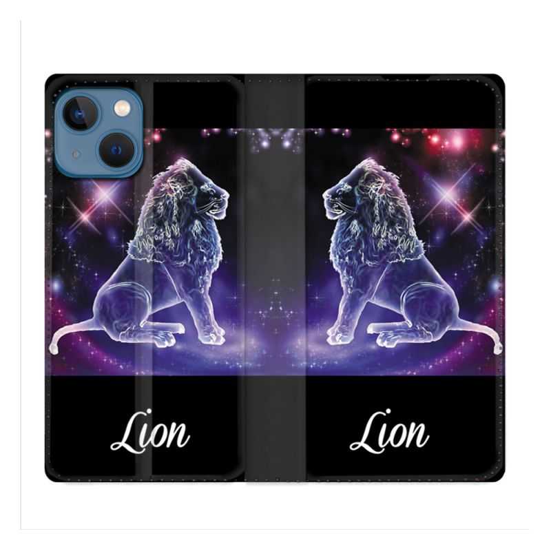 Housse Cuir Portefeuille Pour Iphone 14 (6.1) Signe Zodiaque 2 Lion