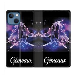 Housse Cuir Portefeuille Pour Iphone 14 (6.1) Signe Zodiaque 2 Gémeaux