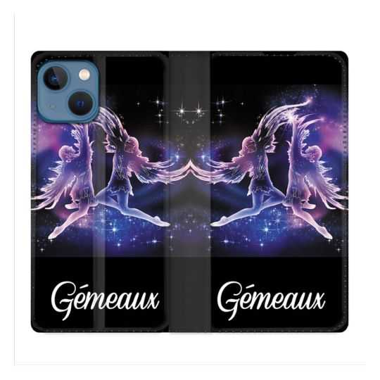Housse Cuir Portefeuille Pour Iphone 14 (6.1) Signe Zodiaque 2 Gémeaux