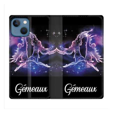 Housse Cuir Portefeuille Pour Iphone 14 (6.1) Signe Zodiaque 2 Gémeaux