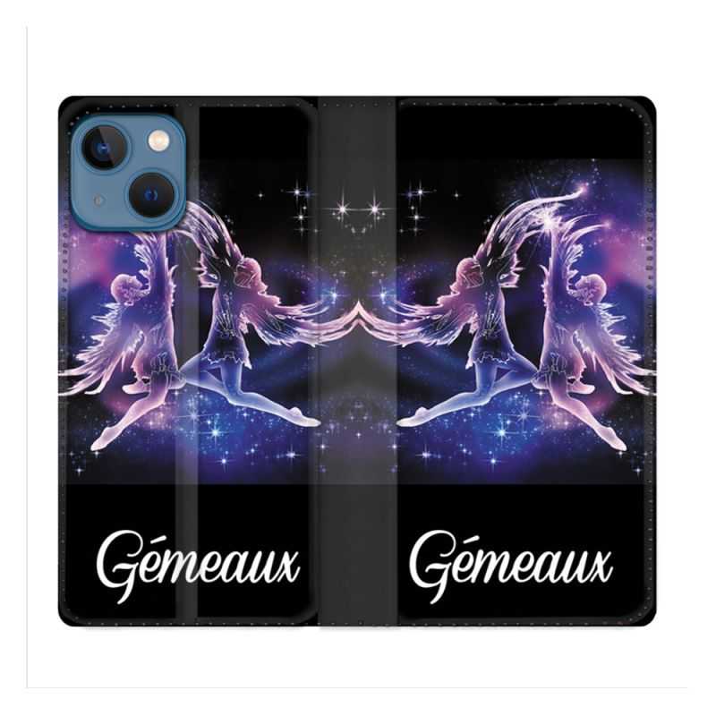 Housse Cuir Portefeuille Pour Iphone 14 (6.1) Signe Zodiaque 2 Gémeaux