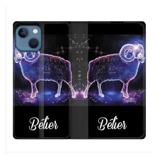 Housse Cuir Portefeuille Pour Iphone 14 (6.1) Signe Zodiaque 2 Bélier