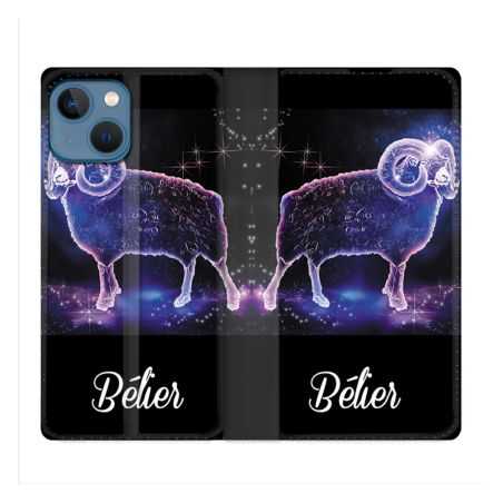 Housse Cuir Portefeuille Pour Iphone 14 (6.1) Signe Zodiaque 2 Bélier