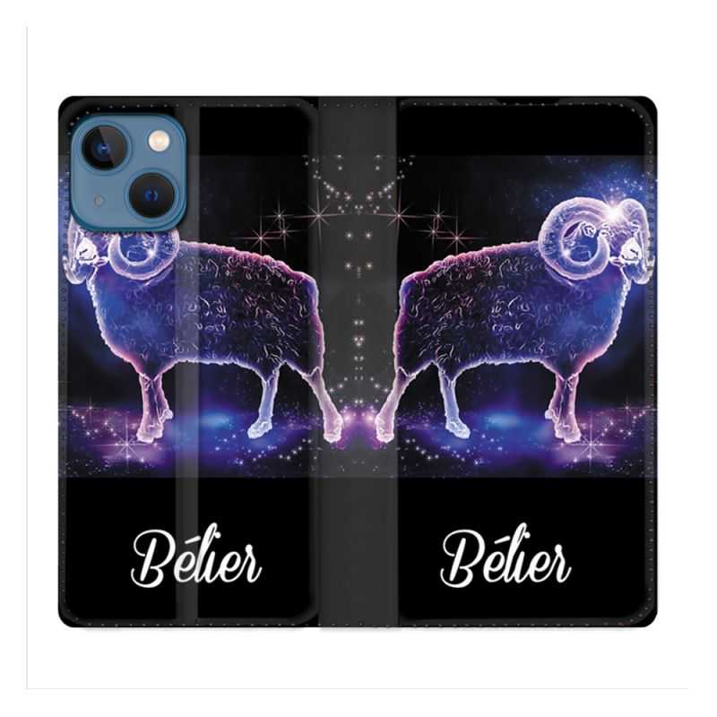 Housse Cuir Portefeuille Pour Iphone 14 (6.1) Signe Zodiaque 2 Bélier