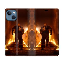Housse Cuir Portefeuille Pour Iphone 14 (6.1) Pompier Escalier
