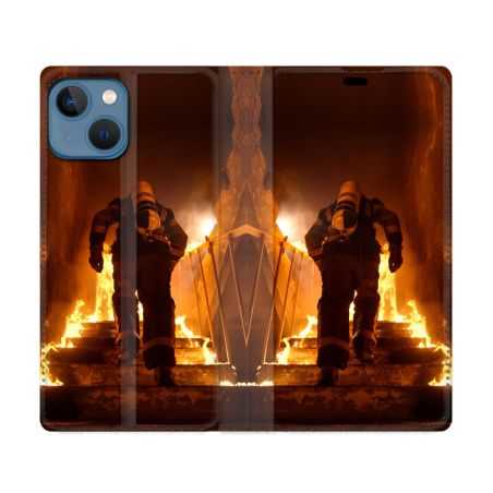 Housse Cuir Portefeuille Pour Iphone 14 (6.1) Pompier Escalier
