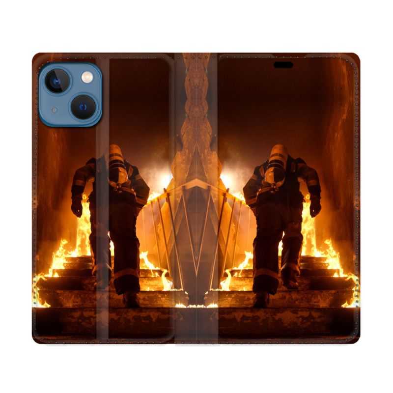 Housse Cuir Portefeuille Pour Iphone 14 (6.1) Pompier Escalier