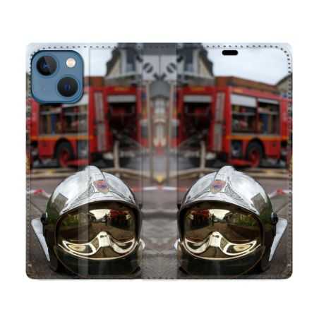 Housse Cuir Portefeuille Pour Iphone 14 (6.1) Pompier Casque Camion