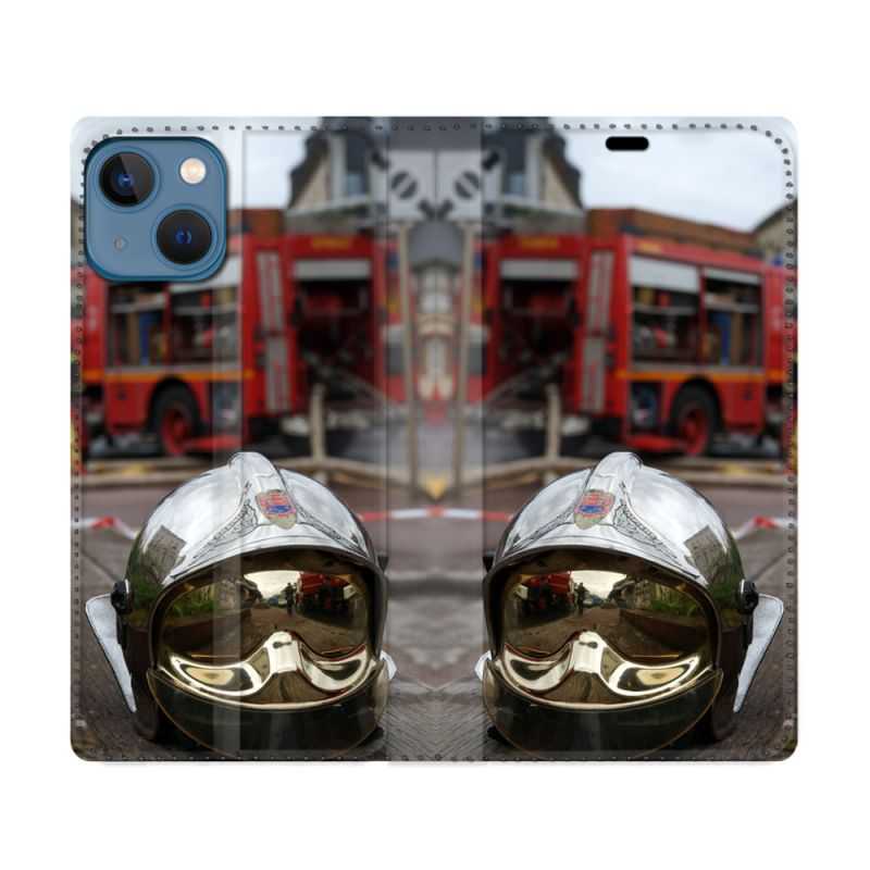 Housse Cuir Portefeuille Pour Iphone 14 (6.1) Pompier Casque Camion