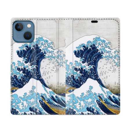 Housse Cuir Portefeuille Pour Iphone 14 (6.1) Peinture La Grande Vague
