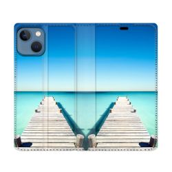 Housse Cuir Portefeuille Pour Iphone 14 (6.1) Nature Pont Mer