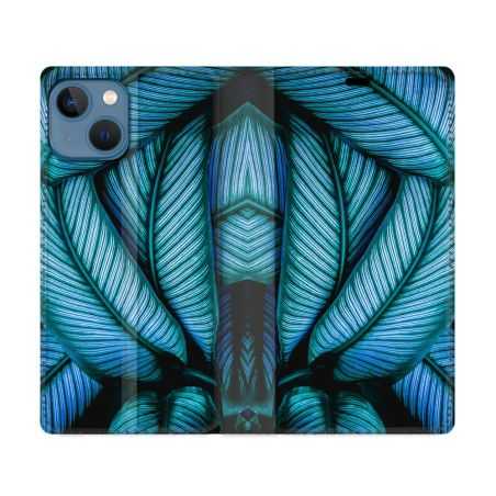 Housse Cuir Portefeuille Pour Iphone 14 (6.1) Nature Feuille Palmier