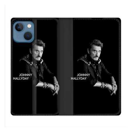 Housse Cuir Portefeuille Pour Iphone 14 (6.1) Musique Johnny Hallyday Noir