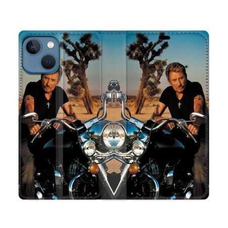 Housse Cuir Portefeuille Pour Iphone 14 (6.1) Musique Johnny Hallyday Moto