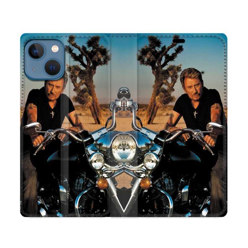 Housse Cuir Portefeuille Pour Iphone 14 (6.1) Musique Johnny Hallyday Moto