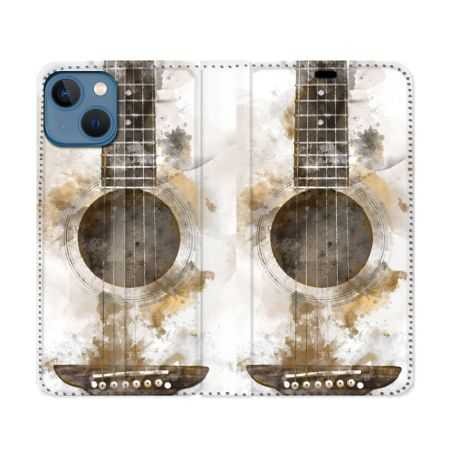 Housse Cuir Portefeuille Pour Iphone 14 (6.1) Musique Guitare Tag