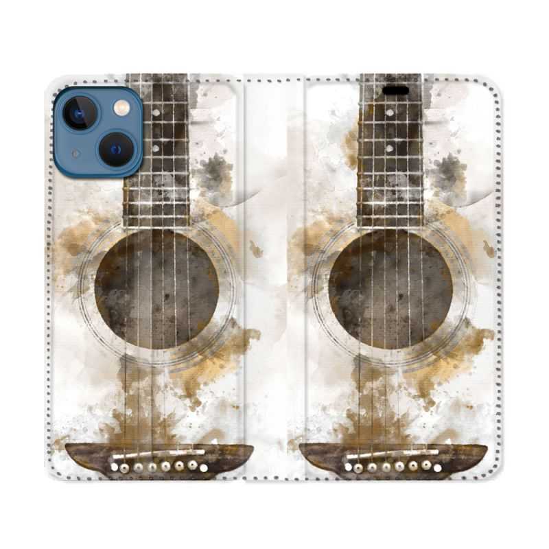 Housse Cuir Portefeuille Pour Iphone 14 (6.1) Musique Guitare Tag