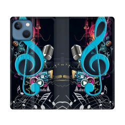 Housse Cuir Portefeuille Pour Iphone 14 (6.1) Musique Cle Sol Bleu