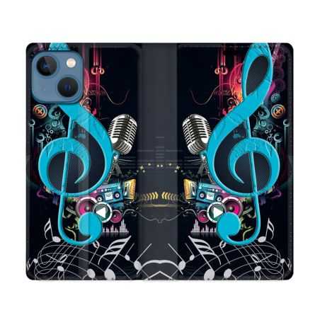 Housse Cuir Portefeuille Pour Iphone 14 (6.1) Musique Cle Sol Bleu