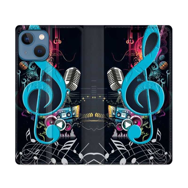 Housse Cuir Portefeuille Pour Iphone 14 (6.1) Musique Cle Sol Bleu