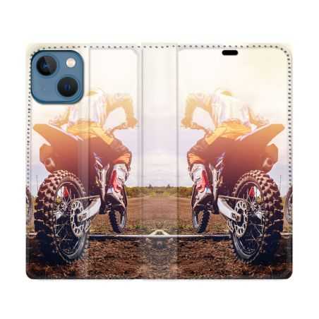 Housse Cuir Portefeuille Pour Iphone 14 (6.1) Moto Cross Soleil