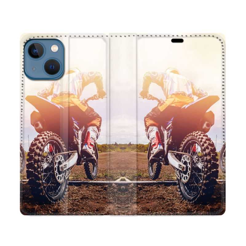 Housse Cuir Portefeuille Pour Iphone 14 (6.1) Moto Cross Soleil