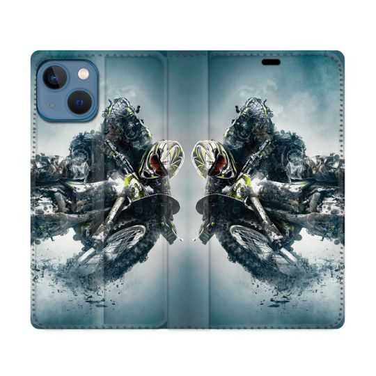 Housse Cuir Portefeuille Pour Iphone 14 (6.1) Moto Cross Ombre