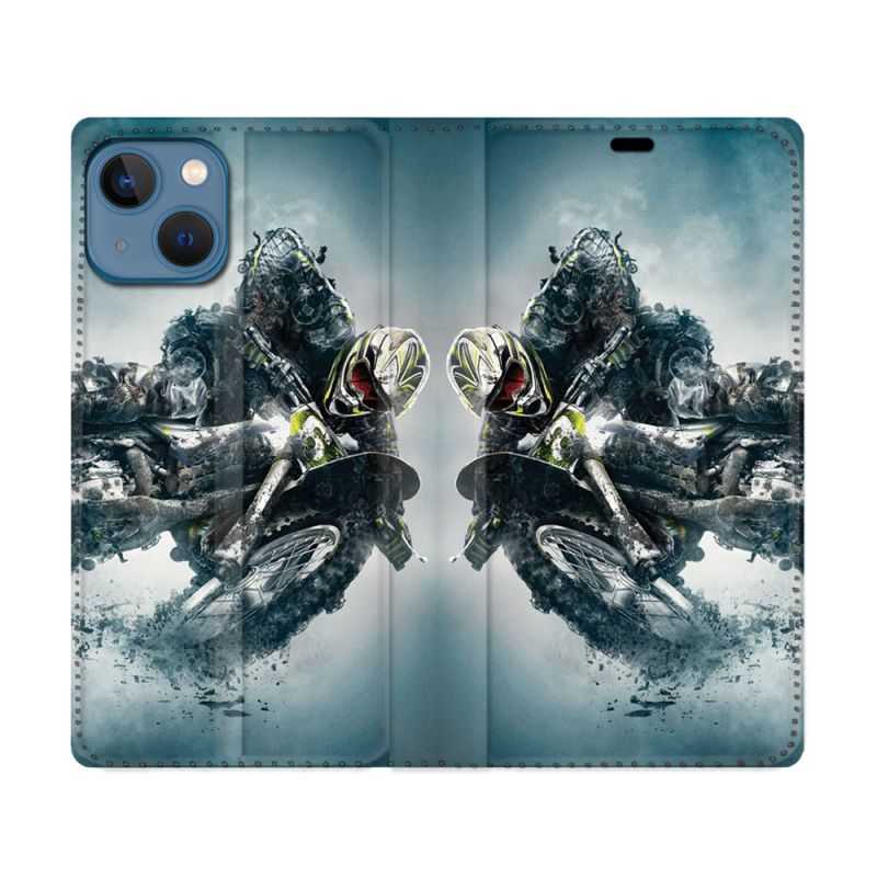 Housse Cuir Portefeuille Pour Iphone 14 (6.1) Moto Cross Ombre