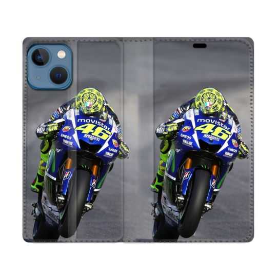 Housse Cuir Portefeuille Pour Iphone 14 (6.1) Moto Course GP Wheeling 46