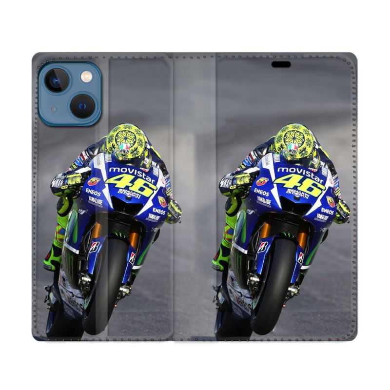 Housse Cuir Portefeuille Pour Iphone 14 (6.1) Moto Course GP Wheeling 46