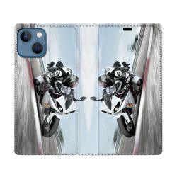 Housse Cuir Portefeuille Pour Iphone 14 (6.1) Moto Course GP Blanche