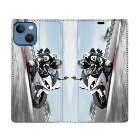 Housse Cuir Portefeuille Pour Iphone 14 (6.1) Moto Course GP Blanche