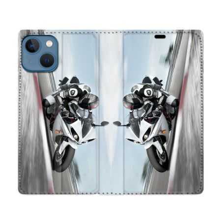 Housse Cuir Portefeuille Pour Iphone 14 (6.1) Moto Course GP Blanche