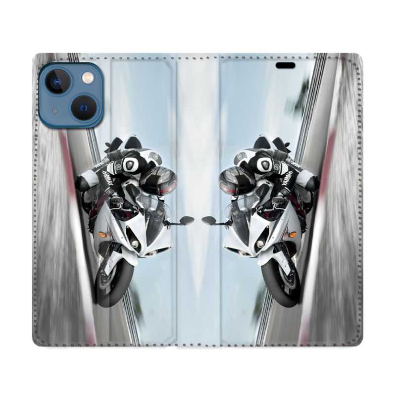 Housse Cuir Portefeuille Pour Iphone 14 (6.1) Moto Course GP Blanche