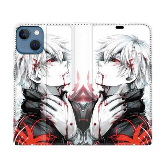 Housse Cuir Portefeuille Pour Iphone 14 (6.1) Manga Tokyo Ghoul Kaneki Blanc