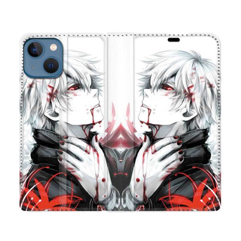 Housse Cuir Portefeuille Pour Iphone 14 (6.1) Manga Tokyo Ghoul Kaneki Blanc
