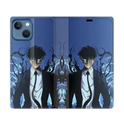 Housse Cuir Portefeuille Pour Iphone 14 (6.1) Manga Solo Leveling Sung Bleu