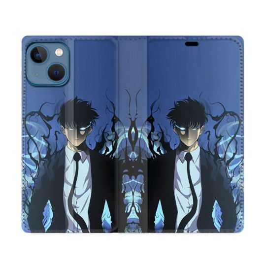 Housse Cuir Portefeuille Pour Iphone 14 (6.1) Manga Solo Leveling Sung Bleu