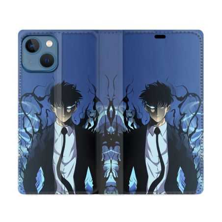Housse Cuir Portefeuille Pour Iphone 14 (6.1) Manga Solo Leveling Sung Bleu