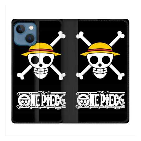 Housse Cuir Portefeuille Pour Iphone 14 (6.1) Manga One Piece Tete de Mort