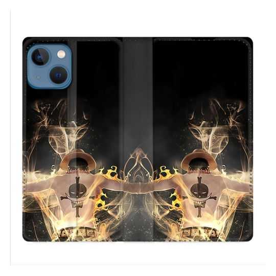 Housse Cuir Portefeuille Pour Iphone 14 (6.1) Manga One Piece Ace Noir