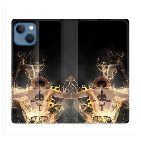 Housse Cuir Portefeuille Pour Iphone 14 (6.1) Manga One Piece Ace Noir