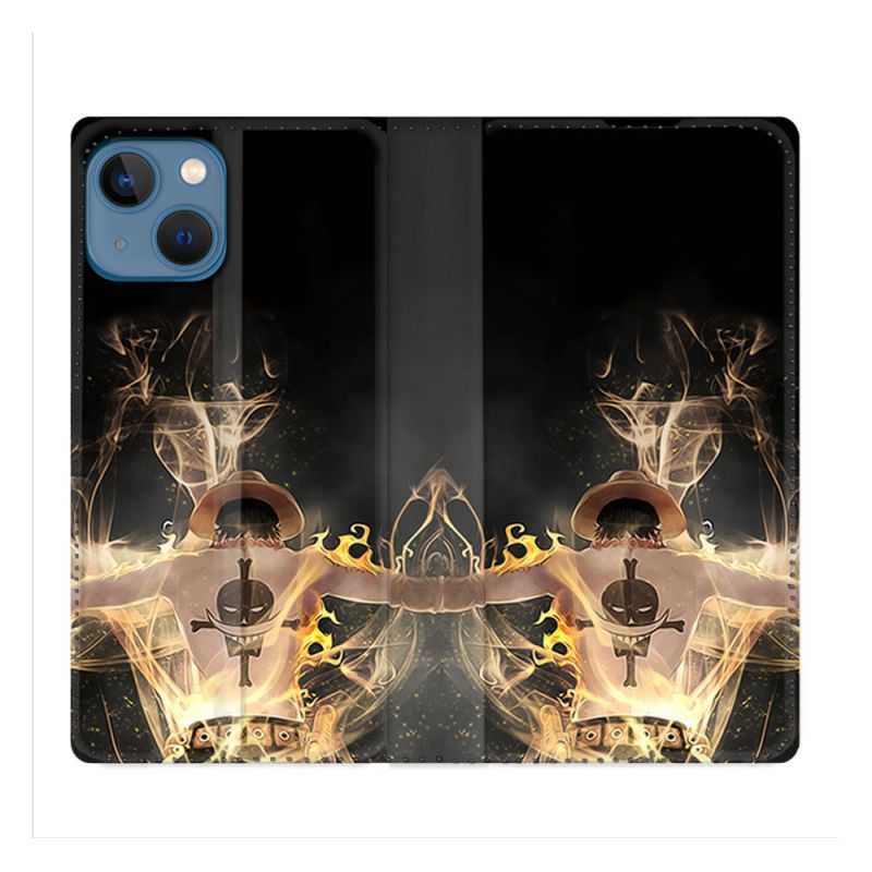 Housse Cuir Portefeuille Pour Iphone 14 (6.1) Manga One Piece Ace Noir