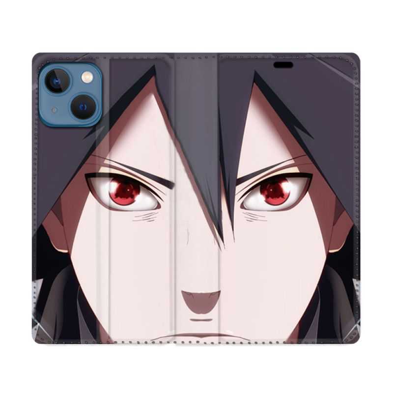 Housse Cuir Portefeuille Pour Iphone 14 (6.1) Manga Naruto Sasuke visage