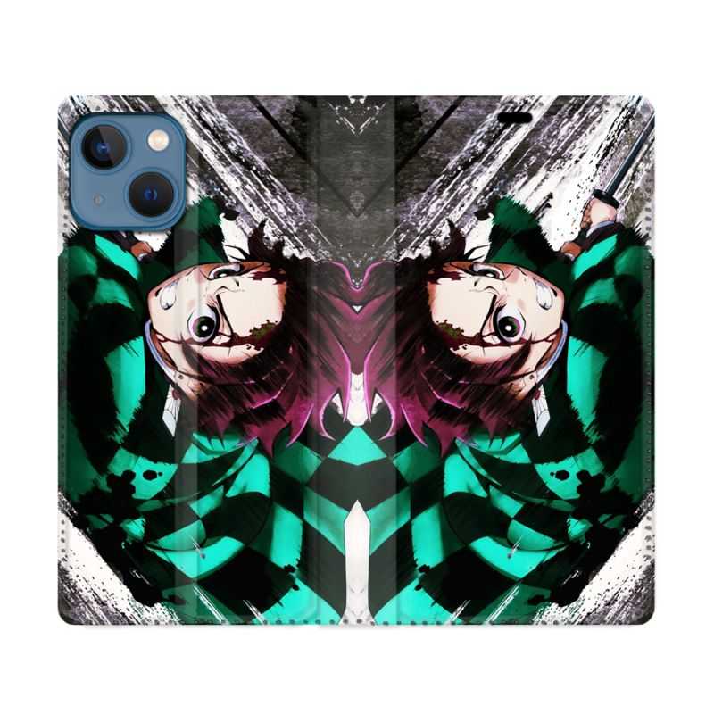 Housse Cuir Portefeuille Pour Iphone 14 (6.1) Manga Demon Slayer Tanjiro