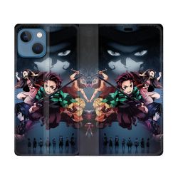 Housse Cuir Portefeuille Pour Iphone 14 (6.1) Manga Demon Slayer Noir