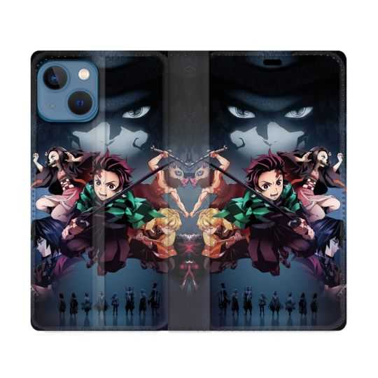 Housse Cuir Portefeuille Pour Iphone 14 (6.1) Manga Demon Slayer Noir